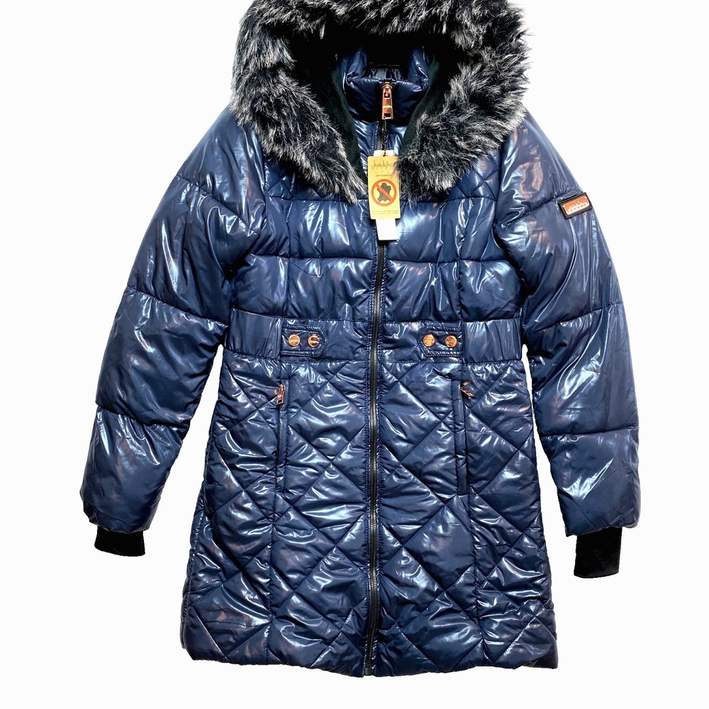 Nicole Miller Puffer Jacket Womens Small Navy Studio Shiny Hooded Puffer $185
